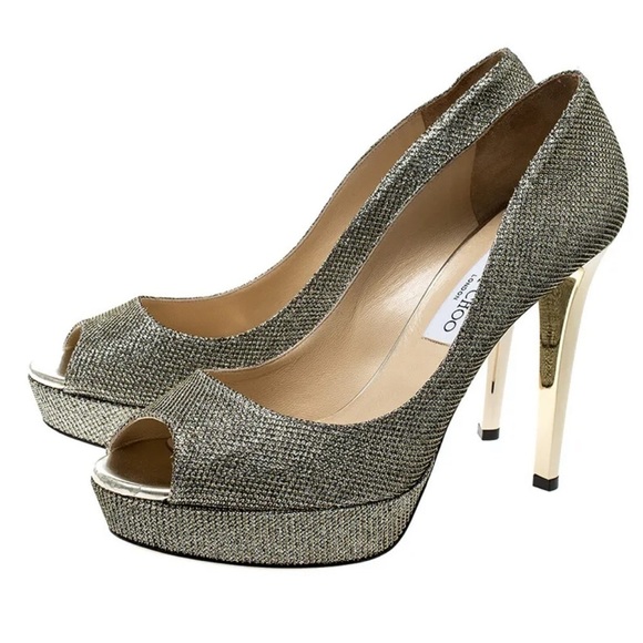 Jimmy Choo Luna 100 Platform Peep Toe Pumps | Metallic Bronze Lamè Glitter 37.5 - Picture 1 of 16